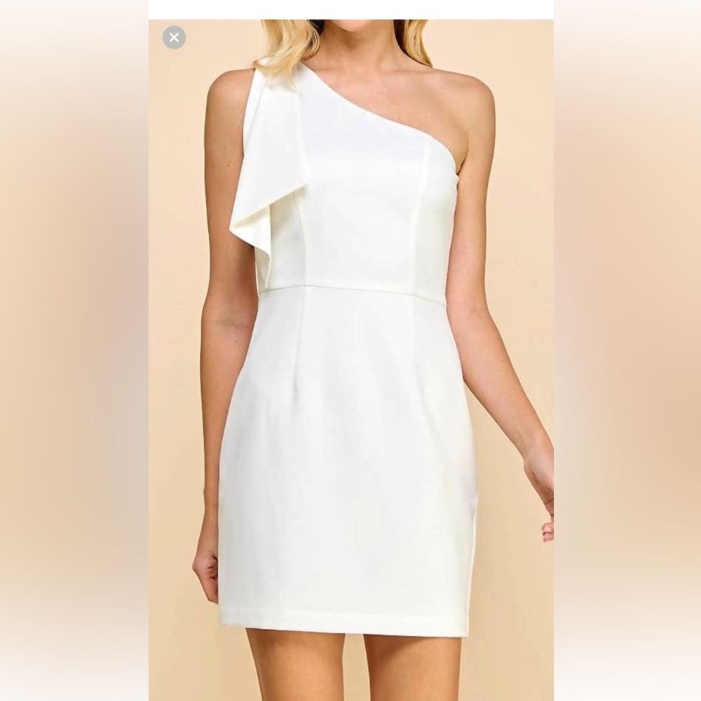 TCEC One-Shoulder White Mini Dress with Draped Bow Accent